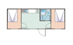 Esquema de habitação tipo T2 com casa de banho